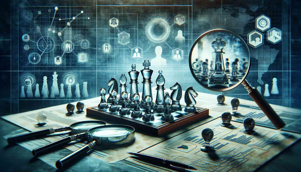 An illustrative representation of a metaphorical analysis of leadership changes within a non-specific Artificial Intelligence company. The image captures the concept of intricate examination while maintaining an air of speculation. The scene might include symbolisms such as glass chess pieces on a chessboard, documents with organizational charts, a prime lens camera capturing the scrutinization process or a magnifying glass highlighting key areas of focus. All these imageries would be presented in high resolution and realistic style.