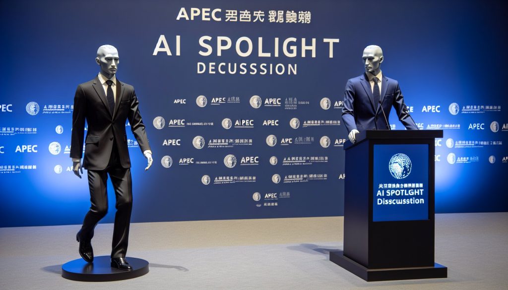 A figure resembling a high-profile entrepreneur steps away from the podium at an AI spotlight discussion during a multinational economic forum. Simultaneously, another man, bearing the likeness of a seasoned diplomat, takes his place. Both are dressed in formal ensemble, with the entrepreneur wearing a black suit and the diplomat in navy blue. A sign with 'APEC AI Spotlight Discussion' written on it is visible in the background. Neither of the two figures' faces are clear, nor are their identities explicit.