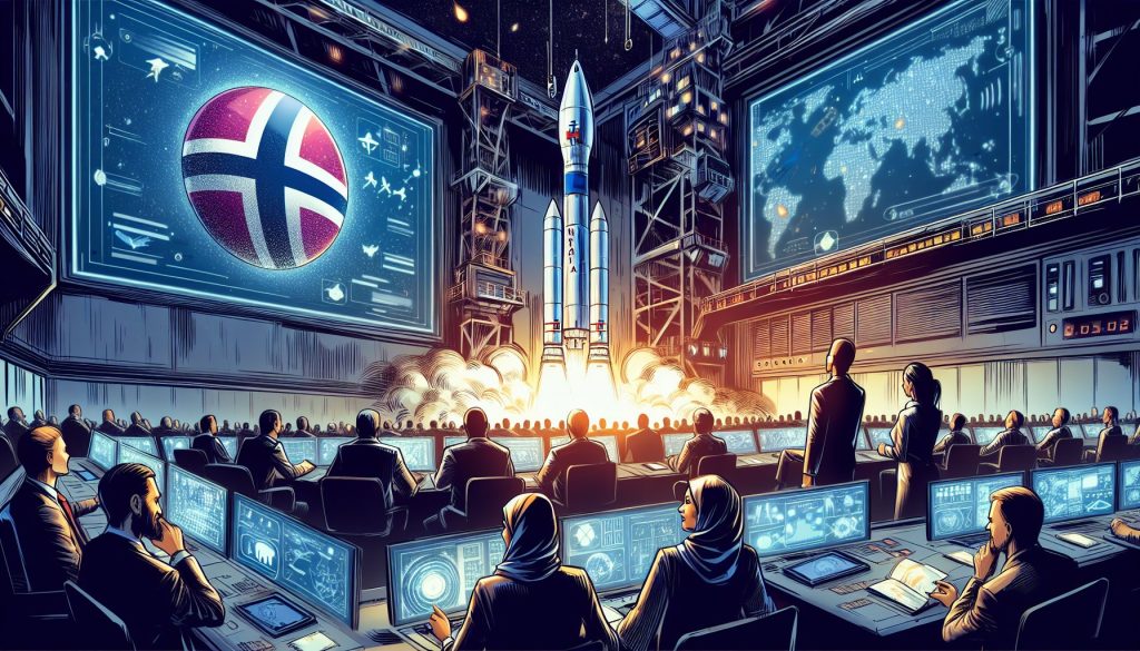 Illustrate a scene that signifies Norway's growing space ambitions. This scenario could feature a satellite, with the emblem of Norway emblazoned on it, being launched into the cosmos. Nearby, a command center full of professionals of various descents and genders, including a Middle-Eastern woman and South Asian man, is buzzing with intrinsic delight as they oversee this momentous occassion. They could be observing the launch on large screens, busy with complex graphical data and projections. The overall atmosphere is filled with excitement and anticipation, underscoring the important business acquisition and its implications for the future of space exploration in Norway.