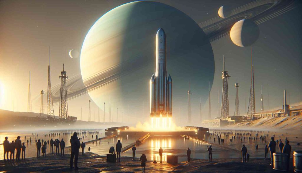 Render an HD photo realistically depicting a future event: the launch of an exploratory mission named 'Dragonfly' aiming at Titan, one of Saturn's moons. The launch is targeted for 2028, embodying the hopes and aspirations of the scientific community, even as the reality of ambiguities about its budget looms large. The scene should convey a sense of anticipation and excitement, but tinged with a hint of uncertainty.