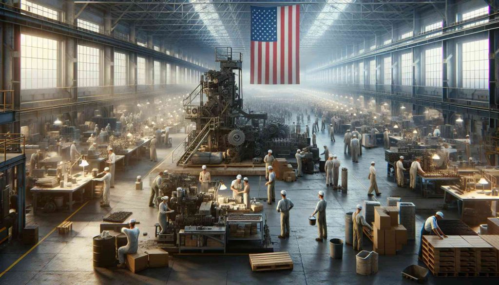 High-definition, photorealistic image of an interpretation of America revitalizing its defense. Portray an industrial setting bustling with activity, with workers of diverse genders and descents working together, processing materials, and assembling advanced machinery. The scene evokes their collective response to global challenges, including improved technology, increased production, and enhanced security measures. The atmosphere is one of determination and unity.