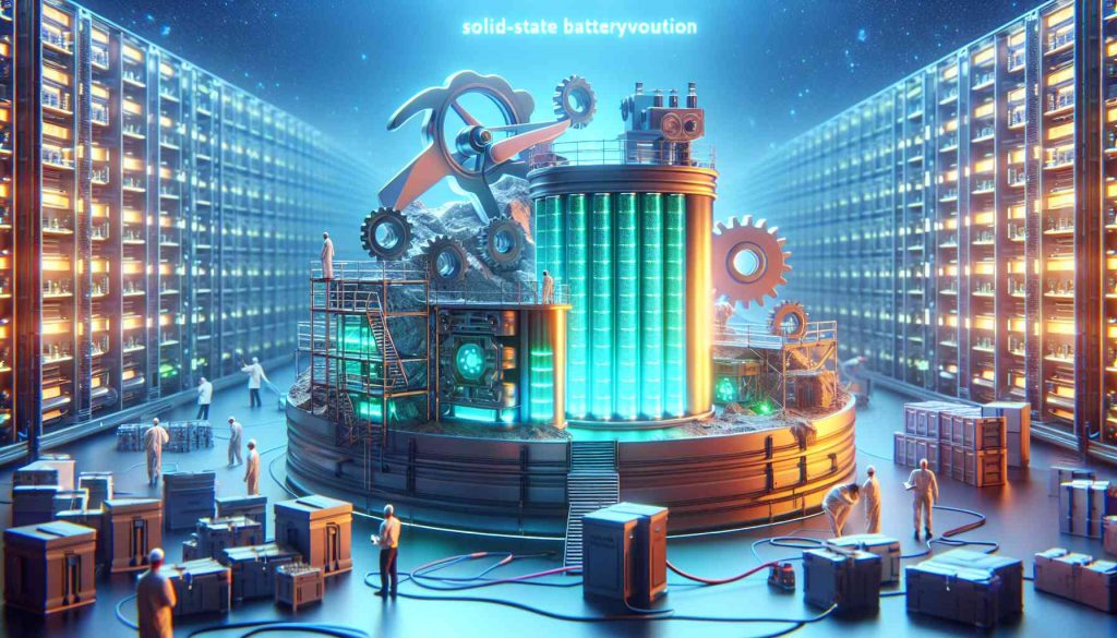 A high-definition realistic representation of the frontier of energy storage. This scene illustrates a solid-state battery revolution by a hypothetical tech company. It would include vivid representations of cutting-edge solid-state batteries, engineers working on the development and testing of these new technologies, and unique futuristic equipment used in the process. The color scheme of the image should be bright and optimistically futuristic, highlighting the breakthroughs being made in this field along with any associated inventions or discoveries.