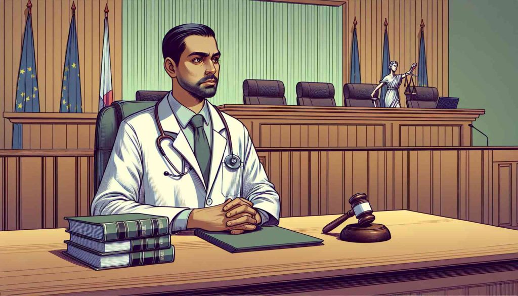 High definition illustration of a future court scene involving a physician, under scrutiny for alleged professional misconduct, in Redding. Ensure to represent the doctor as an individual who belongs to the South Asian descent, not showcasing any specific distinct facial features. The setting must have some typical judicial elements such as a gavel, stand, law books etc.
