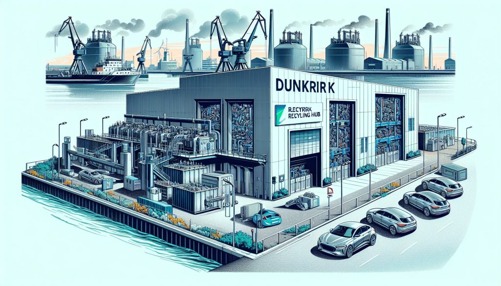 An illustration of a grand industry facility, located near the water, that is envisaged to be a top-tier recycling hub for electric vehicle batteries in Europe. The facility possesses high-tech equipment for processing old batteries. There should be a sign indicating it as 'Dunkirk Recycling Hub'. Include a few electric cars parked near the facility to symbolize its purpose. The colors should predominantly be steel gray and electric blue, with touches of green to represent the environmentally-friendly aspect of the operation.