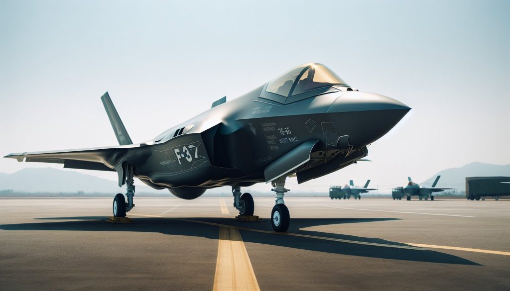 A detailed image of a modern fighter jet, identified as the F-35, parked on an airfield. Please include information in a visible format that indicates the unit price. The jet should be painted in standard military grey and the sky above should be clear, denoting a calm and sunny day.