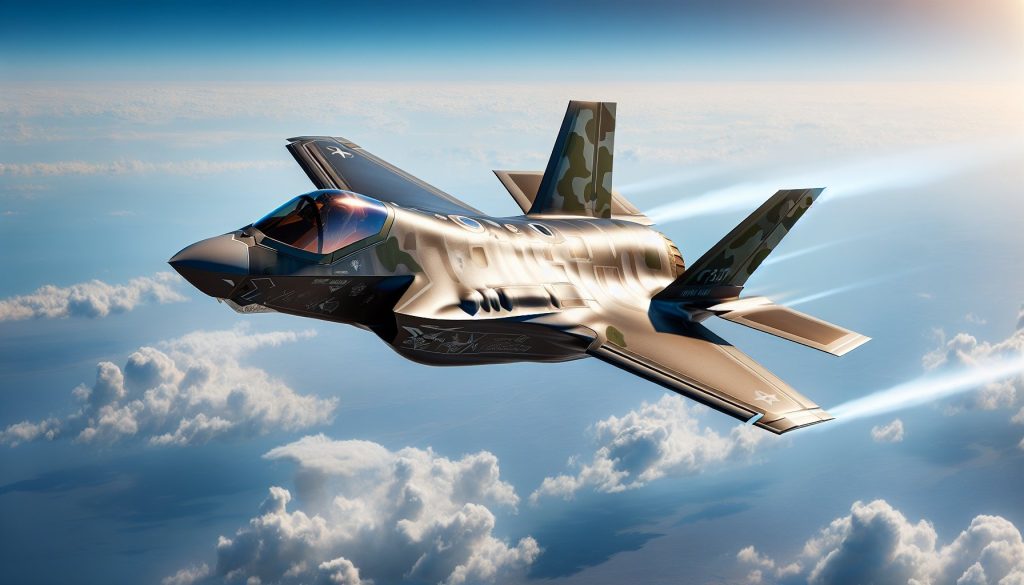 A detailed image of a F-35, a single-seat, single-engine, all-weather stealth multirole combat aircraft, flying against the backdrop of a bright blue sky. A jet that is well regarded for its electronic warfare capabilities, ground-attack capabilities, and air superiority. Camouflage patterns are painted on its exterior to match the sky, its wings are sleek and thin, and its cockpit glass appears shiny in the daylight. The jet leaves a trail of heat distortion in the air behind it, attesting to the immense power of its engine.