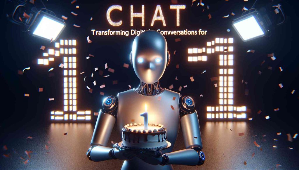 High definition realistic image of a celebratory scene. Feature a futuristic AI-constructed avatar holding a birthday cake with a single candle in the middle to signify the completion of one year. Letters forming 'ChatGPT – Transforming Digital Conversations for 1 Year' are floating in the background, with each letter glowing like a neon sign. Cinematic lights focus the avatar in the spotlights, and digital confetti falls from the top of the frame.