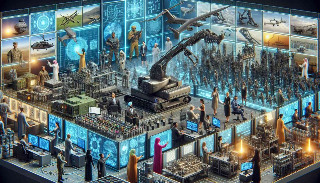 An intricate and realistic high-definition image showcasing the transformation of the defense supply chain through advanced manufacturing. The image includes multiple scenes with various stages of the process including initial design, automated assembly lines, smart technology integration, and final product quality assessment. It could also display elements like 3D printers producing parts, drones delivering materials, and robotic arms assembling complex machinery. Also, human operators from different descents such as Middle-Eastern woman, Black man, South Asian man, and Hispanic woman are expertly managing the process using advanced interfaces and computers.
