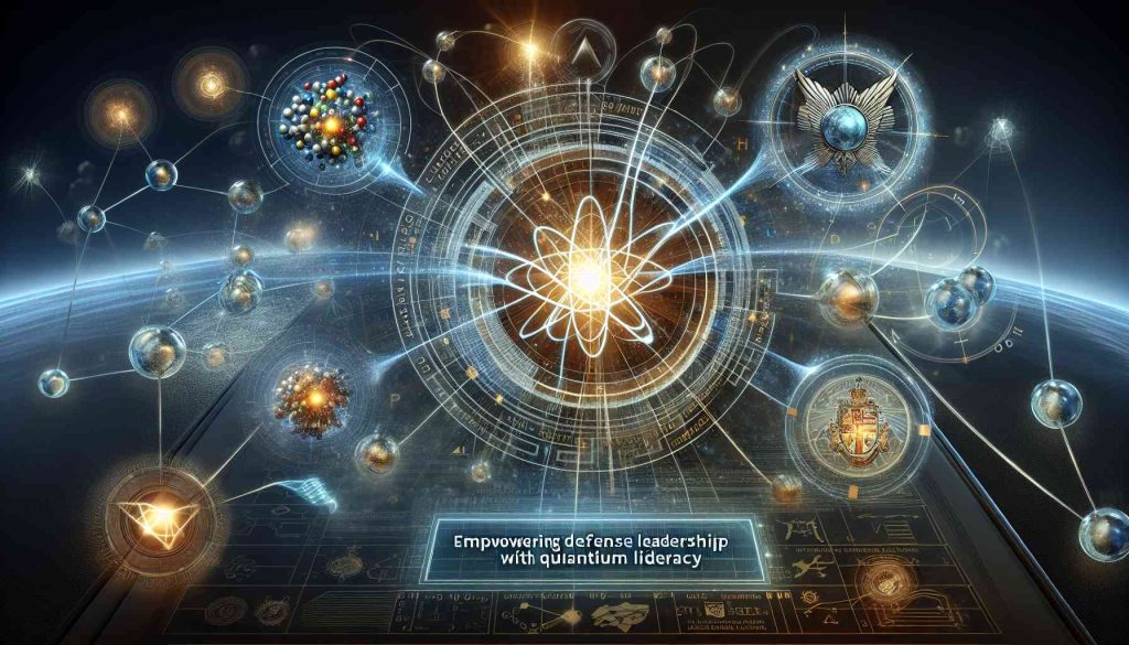 Realistic high definition image capturing the concept of 'Empowering Defense Leadership with Quantum Literacy'. This could embody elements such as symbolic representations of quantum physics, like particles, wave functions, or quantum computers, being intertwined with traditional symbols of defence leadership, like strategic maps, military emblems or guiding lights. The aim is to show the utilisation of quantum literacy in a leadership context, thus empowering the dynamics of defence leadership.