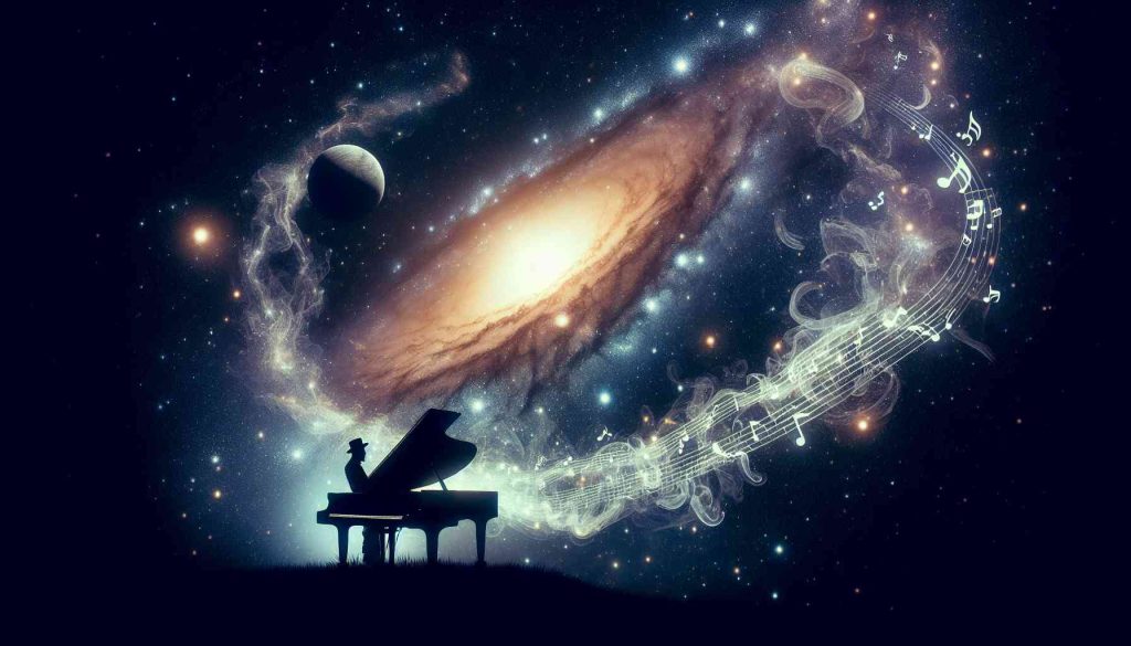 A high-definition, realistic image showcasing the tranquil embrace of the star-studded cosmos. It should portray an intriguing dialogue between space travel and music. The image should ideally contain a spacecraft journeying through the serene expanse of space, winds of cosmic dust swirling around it. The silhouette of a grand piano sits against the starry backdrop, as if orchestrating the celestial symphony. Wisps of musical notes float ethereally throughout the scene, interwoven with the stars and dat galaxies, signifying their harmonious interplay.