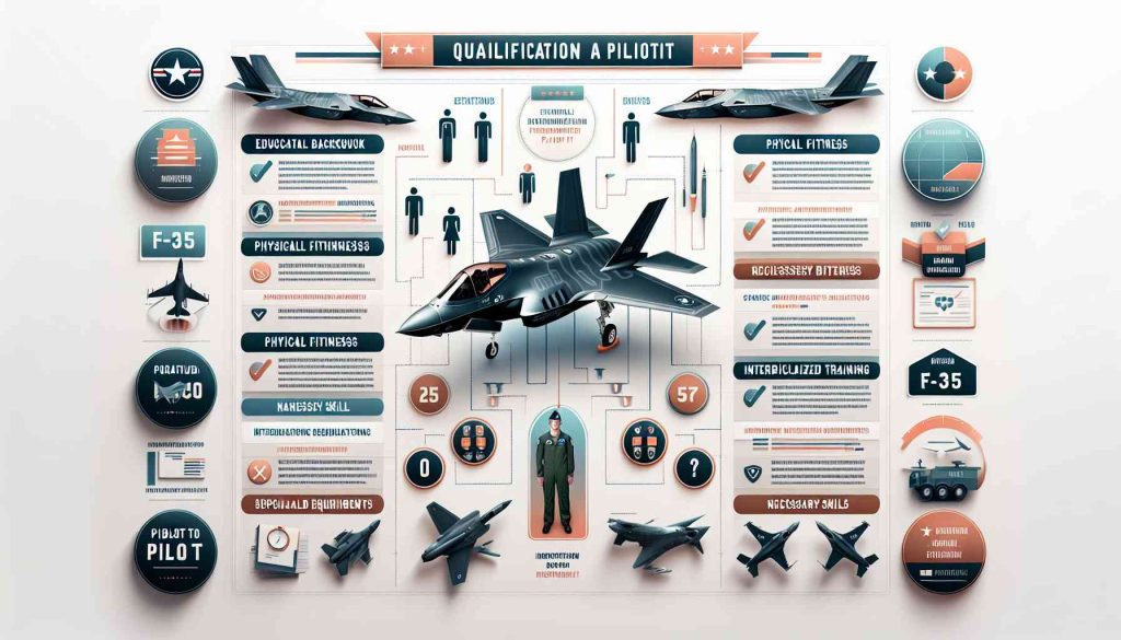 Create a realistic high-definition infographic displaying the qualifications necessary to become a pilot of an F-35 fighter jet. Include elements such as educational background, physical fitness requirements, necessary skills, and internship or specialized training requirements in a visually appealing and organized manner.