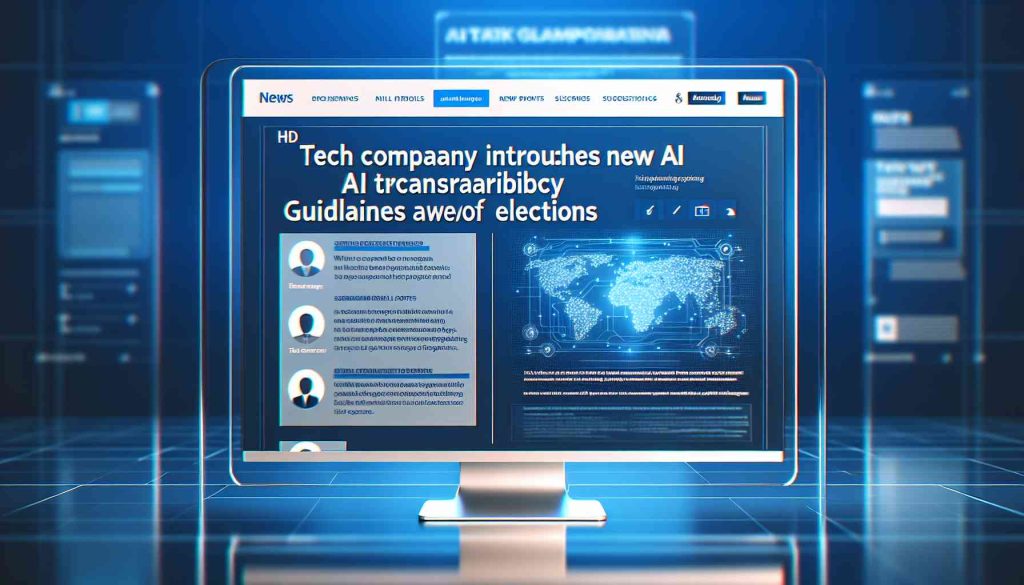 Generate a realistic HD image of the headline 'Tech Company Introduces New AI Transparency Guidelines Ahead of Elections' displayed on a digital news platform. The platform should have a clean, modern design with use of blue and white colors. There should be suggestions of related news articles on the side of the page, and possibly an infographic highlighting key points from the new guidelines. Please DO NOT include any specific company logos or recognizable brand visuals.