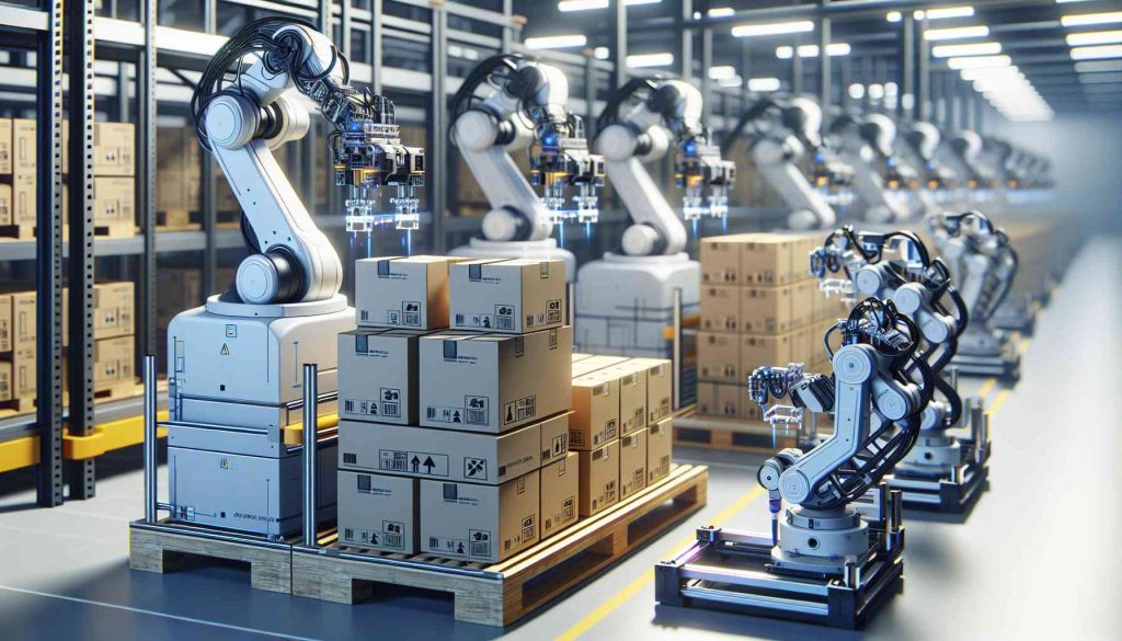 A photorealistic, high-definition image displaying the advancements in artificial intelligence-driven palletizing robots. The image shows modern, high-tech robots meticulously arranging and labeling boxes on pallets. These autonomous machines possess advanced machine vision systems for accurate identification and placement, coupled with state-of-the-art gripper technologies to handle delicate operations. The scene communicates the technological progress in industrial automation, emphasizing the efficiency, precision, and speed rendered by these AI-driven systems.