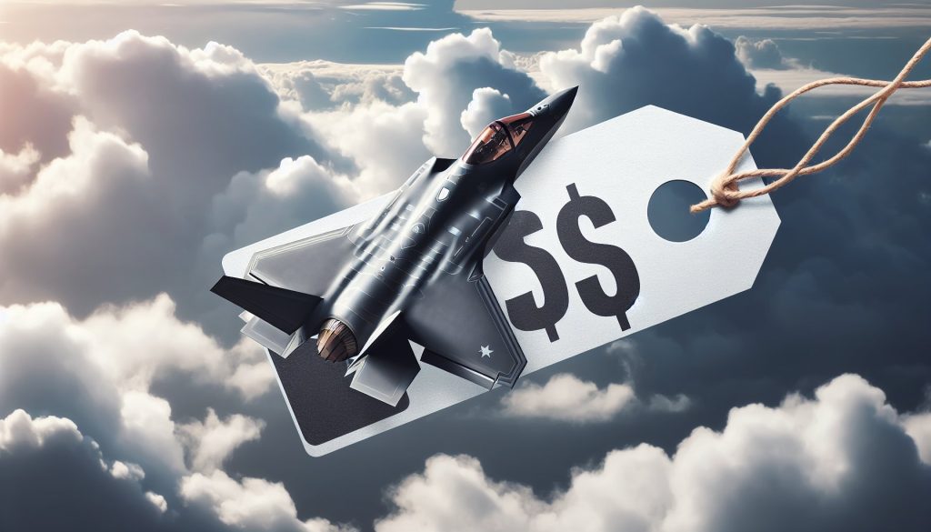 An image displaying a high-tech modern fighter jet, known as the F-35 Lightning II, flying through a cloudy sky. In the corner of the image is a price tag (style inspired by retail stores) displaying a large sum suggesting the high cost of the aircraft.