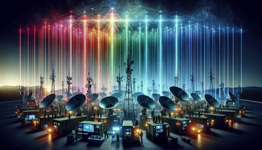 Create a detailed and realistic high-definition image depicting an advanced technology scenario. We're looking at a novel atmospheric penetration method, which holds the promise of clearer military communications. Show an array of antennas and satellite dishes pointing up towards the sky, penetrated by various colored beams. The signal lights should be piercing the thick atmospheric layers to make room for clearer communications. They represent radio waves innovatively bypassing atmospheric interference. Include a control center in the background outfitted with sophisticated equipments and personnel, suggesting its association with military operations.