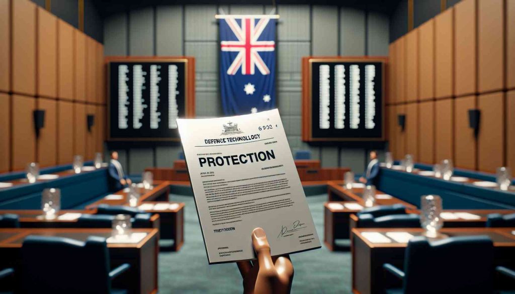 A realistic, high-definition 3D rendering of a bill being introduced in Australia to protect defence technology from foreign influence. The image should capture the intensity and urgency of the situation. The bill stand out distinctly and have the words 'Defence Technology Protection' on it in large, bold letters. The background should consist of a room representative of Australian parliament with Australian flags visible in the scene. Please do not include any specific individuals in the image.