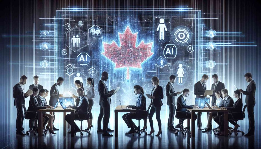 Generate a realistic, high definition image depicting the concept of the AI revolution. It should show Canadian businesses engaging with advanced technology. Perhaps depict businessmen and businesswomen of various descents like Caucasian, Hispanic, Black, Middle-Eastern, and South Asian, collaborating in a high-tech environment, possibly working on AI-powered laptops, while interactive AI screens glow nearby. There should be symbolic elements that represent Canada such as a subtle maple leaf design or a cityscape reminiscent of a known Canadian city in the background.