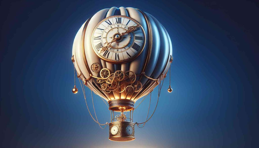 An elegant and sophisticated steampunk-style hot air balloon floating gracefully against a deep azure sky. The balloon, reminiscent of an exquisite pocket watch, features Roman numerals encircling its border, and well-polished brass gears and dials adorn its basket. Make sure the quality is high-definition and the design is detailed to capture the essence of refined vintage horology.