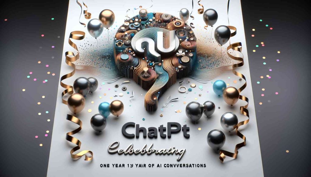 A high-definition, realistic image showcasing the celebration of the first year of AI conversations attributed to ChatGPT. The image should consist of a modern, abstract representation of artificial intelligence alongside a festive background with balloons, confetti, and ribbon streamers. The words 'ChatGPT: Celebrating One Year of AI Conversations' should be prominently featured in an exciting, yet sophisticated typeface.