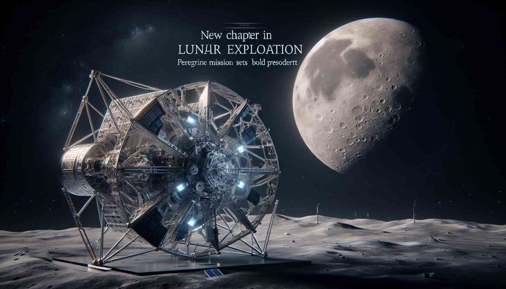 A high-definition, realistic depiction of a new era in lunar exploration with the Peregrine mission. It sets a bold precedent, marking a transformative phase in space exploration. The scene features the metallic, intricately designed structure of the Peregrine spacecraft against a backdrop of the vast, silent expanse of space. The Moon, with its familiar pockmarked surface, looms large in the distance. Stars twinkle faintly in the background, punctuating the eternal darkness. Overlaid text with the phrase: 'New Chapter in Lunar Exploration: Peregrine Mission Sets Bold Precedent' adds overarching context to the image.