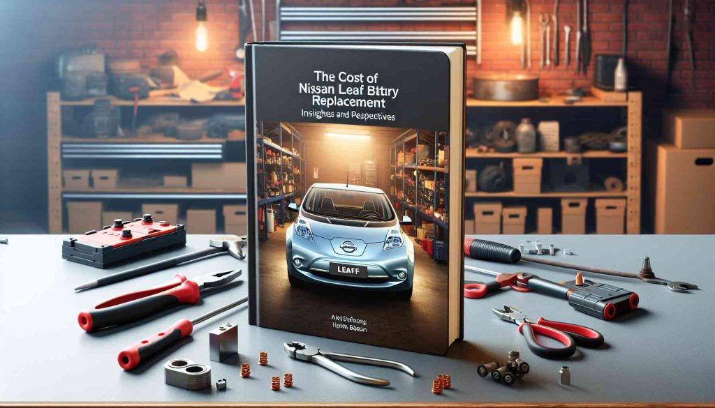 Realistic high-definition image of a notebook on a mechanic's desk with the title 'The Cost of Nissan Leaf Battery Replacement: Insights and Perspectives' on its cover, surrounded by various car tools and a replacement car battery. The backdrop includes a warmly lit garage with several car parts organized in the background.