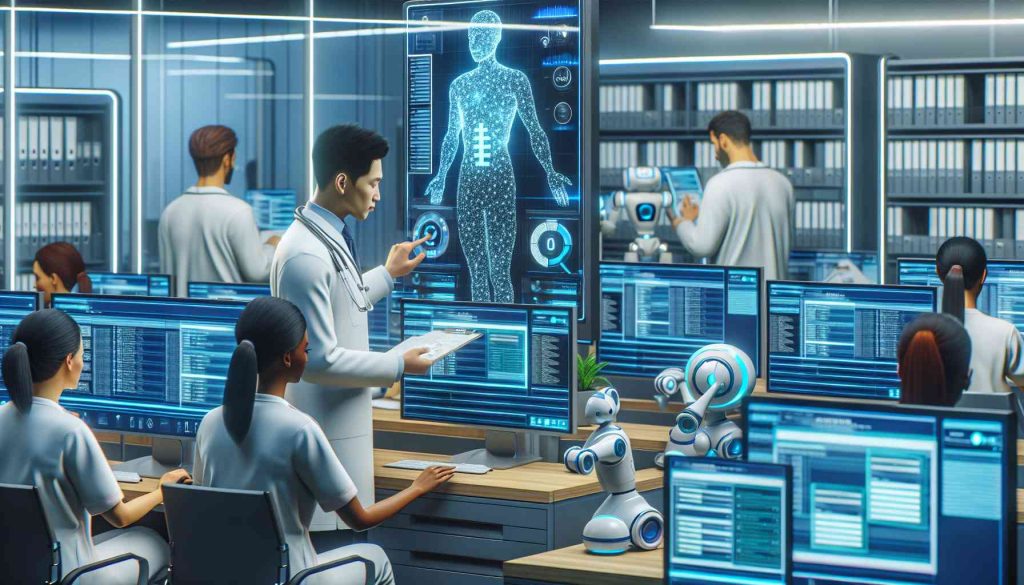 Generate a high-definition, realistic image showcasing the advancement of artificial intelligence in healthcare. This should look like a modernized hospital records room where paper trails have been replaced by AI technologies. There should be computers with advanced software seen on the monitors, automated filing systems, and robots managing data entries. There should also be a diverse team of healthcare professionals actively using this technology. Include an Asian male doctor accessing patient data on a touch screen, an African female nurse examining charts on a holographic display, and a Middle Eastern male technician ensuring the smooth running of the AI systems.