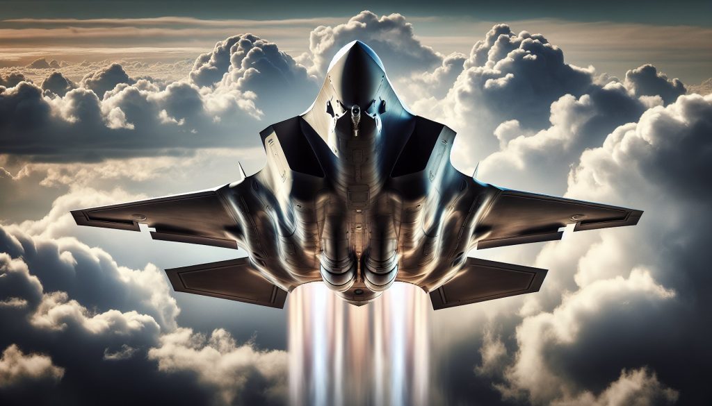 A detailed image of a British F-35, jet plane. Show it in mid-flight, with its jet engines roaring against a beautiful, cloudy sky. Highlight the precision of its aerodynamic design and the intensity of its power.
