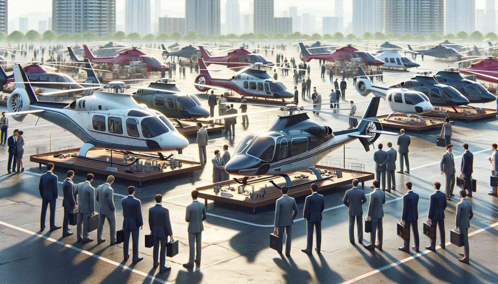 High-definition, realistic image illustrating a marketplace for second-hand Agusta helicopters. The scene is bustling with potential buyers checking the helicopters with keen eyes. The area features multiple pre-owned Agusta helicopters displayed for sale, with their specific features and conditions highlighted. Also visible are detailed inspection of the copters and negotiations between customers and salespersons over price and condition.