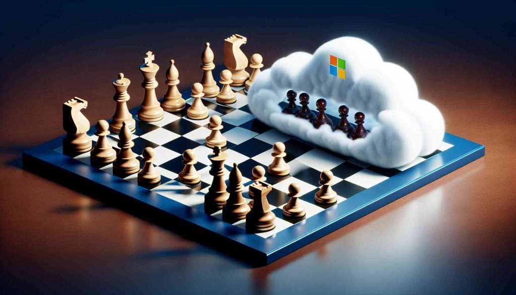 Chessboard with miniature buildings representing  and microsoft