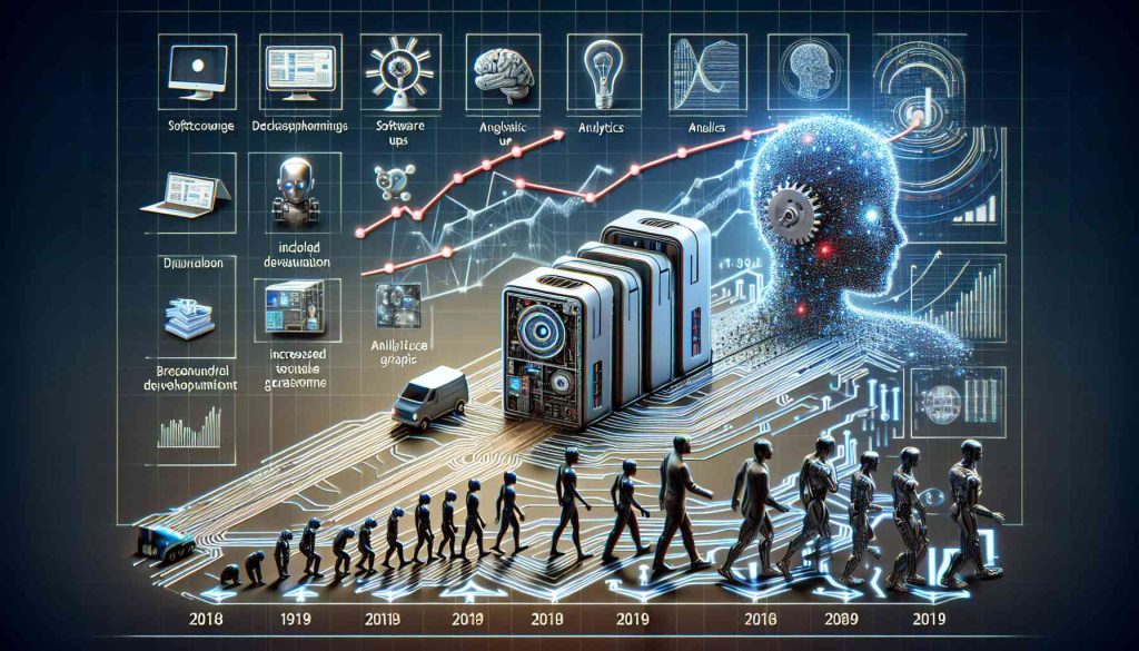 Portray a visual timeline showing an AI entity's journey from its launch to becoming a technological staple in one year. The start of the timeline features a basic computer model symbolizing the AI's inception, gradually transitioning towards a complex and detailed supercomputer to indicate its evolution. The timeline should also comprise of significant milestones like software upgrades, analytics graphs showing increased user engagement, and breakthrough developments in technology represented by symbolic graphics. Ensure that the overall image is in a realistic, high-definition format.