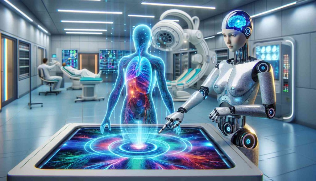 A high-definition, realistically depicted scene representing the emergence of AI-empowered imaging in medicine. In the foreground, a 3D rendered Metallic AI robot with glowing blue lights, suggesting a computer brain, should be working on a multi-coloured holographic imaging projection of a human body. The background should show a modern, sterile, brightly lit medical facility with futuristic medical equipment. The robot should display an aura of focused intelligence and precision, showcasing a revolutionary change in the medical imaging sector.