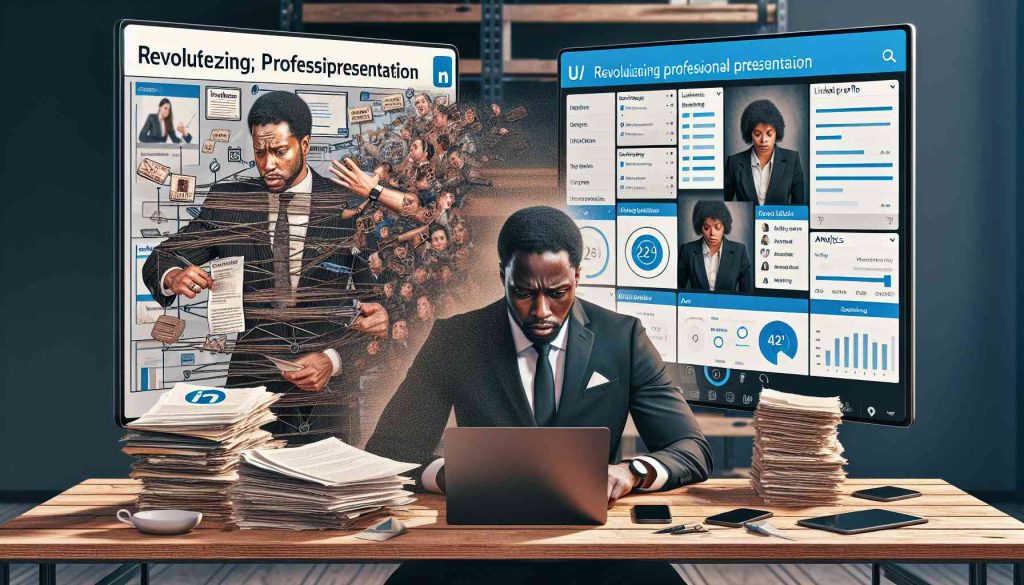 An ultra-high-definition image illustrating the concept of revolutionizing professional presentations on LinkedIn with the assistance of artificial intelligence. It could be a split-screen comparison showing before and after scenarios. To the left, employ a traditional depiction of someone managing their LinkedIn presentation manually - perhaps a stressed middle-aged Caucasian man in a business suit at his desk, engrossed in multiple devices like laptop, smartphone, and documents. To the right, visualize a more relaxed, satisfied young Black woman entrepreneur switching easily between her LinkedIn profile on a screen and AI-powered analytics on another, all with a simple button's click.