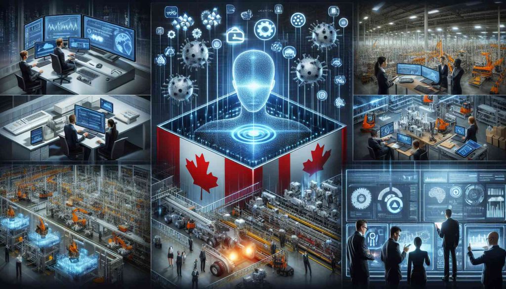 An HD visualization of various Canadian businesses adopting advanced Artificial Intelligence (AI) technologies. They are enhancing their efficiency and sparking innovation. The scene includes technologists working on cutting-edge AI hardware and software, futuristic AI-operated machinery in a manufacturing plant, and a diverse group of corporate strategists analyzing data-driven insights on digital screens. These representations emphasize the transformation of businesses achieving elevated productivity, streamlined operations, and ground-breaking inventions through AI integration.
