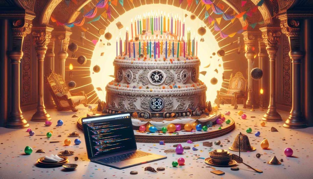 Create a realistic HD image that portrays a metaphorical representation of the concept 'ChatGPT: Celebrating a Year of Revolutionizing Conversations'. The scene includes a grand, intricately made, ornate birthday cake for 'ChatGPT' situated center-stage, surrounded by vibrant, colorful party decorations. On the cake are candles, symbolizing 'one year'. Foreground shows an open laptop with code running on the screen, symbolizing the 'ChatGPT'. The background radiates a warm glow, a sign of celebration and achievements. Elements used depict innovation, technology, and revolution.