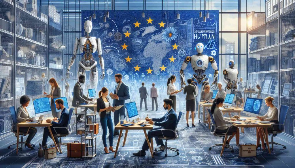Imagine a futuristic scene depicting Europe's quest for human-centric innovation in the field of Artificial Intelligence and the future of work. Picture a bustling workspace, brimming with diverse individuals: Caucasian man sketching blueprints, a Black woman programming advanced AI, a Hispanic man conducting a virtual meeting, a Middle-Eastern woman studying detailed statistics, and a South Asian man controlling cutting-edge robots. Emphasis on how the work is accommodating and uplifting the human spirit. Ensure the image is detailed and realistic, akin to a high-definition photograph.