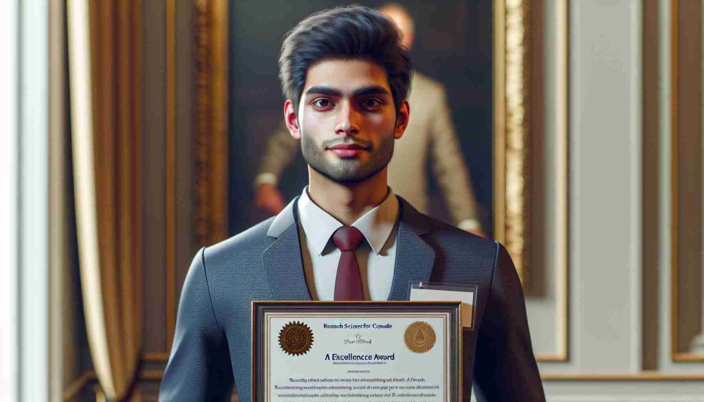 Realistic high-definition image of a research scientist with Indian descent, who is based in Canada. They are standing in front of a formal backdrop, holding a certificate suggesting that they have been shortlisted for an 'AI Excellence Award'. They are wearing professional attire and have a proud, accomplished expression on their face.