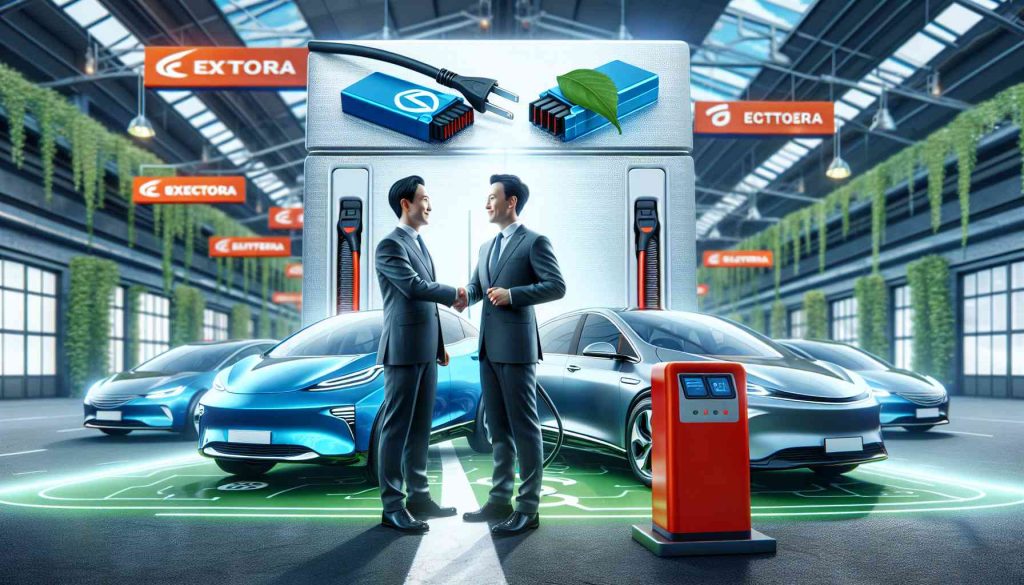 Realistic high-definition image of two major fictional automobile companies forming an innovative alliance to advance battery swapping technology. The picture could include their logos merging or representatives shaking hands, with a backdrop of electric cars and battery swapping stations.