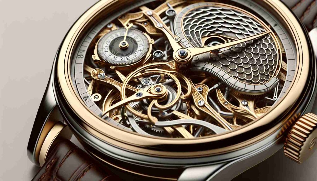 An image showcasing a highly detailed and realistic timepiece with a framework rich in texture and depth. Notable aspects to include are elements of classic yet modern design, a dial with a distinct pattern similar to the scales of a fish, and a lustrous gold and silver color scheme. The timepiece should be set against a neutral background.