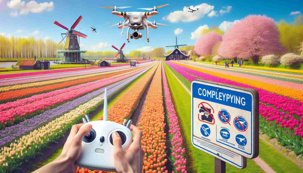 Create a vivid, high-definition image depicting the concept of complying with drone regulations in the context of the Keukenhof tulip gardens in the Netherlands. The image should include an unmanned aerial vehicle (drone) hovering over the colorful flower fields, a signage explaining the rules for drone usage, and possibly an individual controlling the drone, who appears focused on the task. The springtime environment of Keukenhof with blooming flowers in various shades of colors, windmills in the distance, and clear blue skies overhead should add to the overall picturesque scene.