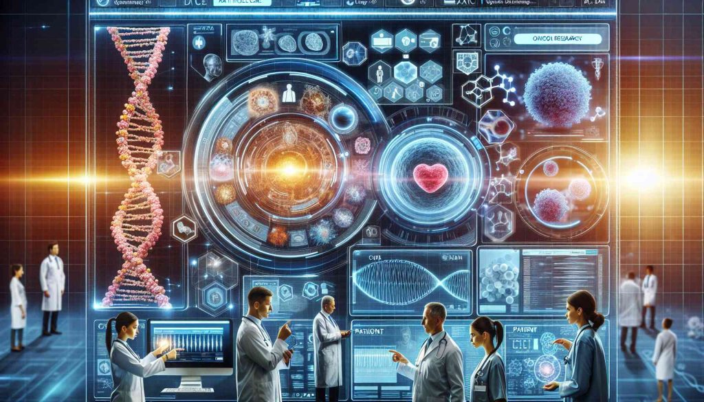 A remarkably detailed and realistic high-definition image showcasing the intersection of advanced technology and healthcare. The scene should depict how Artificial Intelligence is seamlessly integrated into Oncology, revolutionising patient care. This could include elements such as medical professionals interacting with sophisticated software, potential AI-powered devices and applications in vibrant display screens, patient charts on digital boards, DNA structures, and molecules showing advanced cancer research. Please omit any direct or indirect references to specific real individuals in the representation.