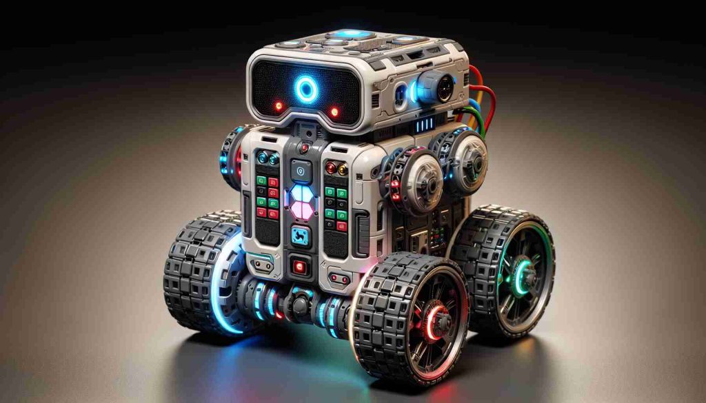 A highly detailed, realistic image of a futuristic coding robot with next generation features. It has an aesthetically pleasing, modern design and is meticulously crafted for children's educational purposes. It is known for helping kids learn the fundamentals of coding in an engaging manner. The robot is portable, compact and composed primarily of plastic and metal. It bristles with sensors, coloured LEDs, wheels, and an interface panel, all intended to create a meaningful interaction with users.