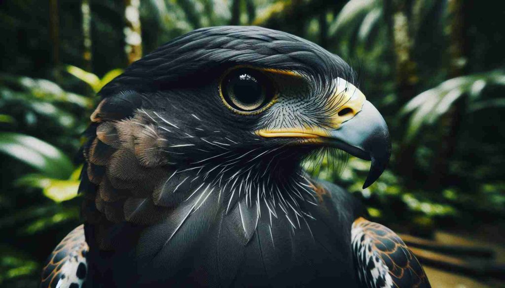 Generate an image showing a highly detailed and realistic view of the Philippine Black Hawk, a majestic bird of prey. Include details such as its dark plumage, strong talons, impressive wingspan, and piercing eyes. Highlight the bird in its natural habitat of the thick tropical forests in the Philippines.