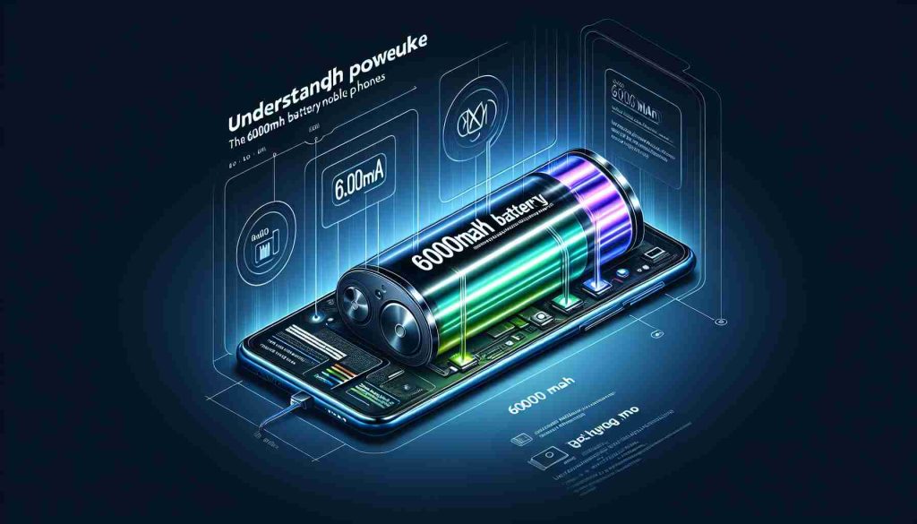 Generate a realistic high definition image of a mobile phone showcasing its powerful batteries with a capacity of 6000mAh, emphasizing on the large battery in the design and labeling it as 'Understanding the Powerhouse: 6000mAh Battery Mobile Phones'. The detailed image should illustrate the phone, the battery, and the symbols or indications of the 6000mAh battery capacity all in a visually compelling manner.