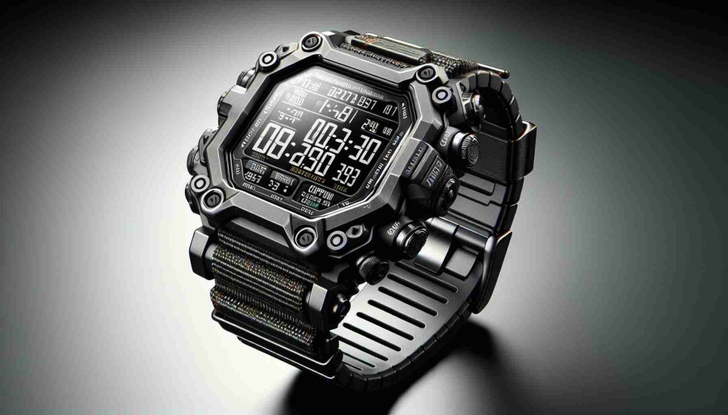 High-definition realistic rendering of examining a classic-style digital watch with a rugged design, inspired by the timeless appeal of sporty shock-resistant timepieces. The watch should exhibit a rectangular face, prominent buttons, and a durable wristband. Make sure it displays digital time, stopwatch, countdown timer, and alarm features on its screen. The background should subtly suggest sophistication and durability.