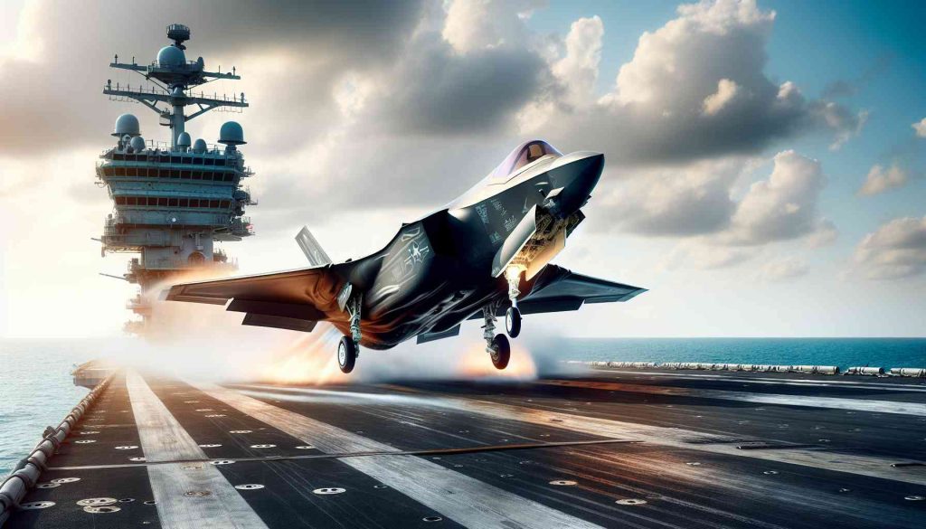 Generate a realistic, high-definition image of an F-35 fighter jet taking off from an aircraft carrier. The F-35 should be in the foreground, captured in the midst of action with engines roaring and nose lifting from the carrier's flight deck. The vast expanse of the sea should be hinted at in the background, with a clear sky overhead.