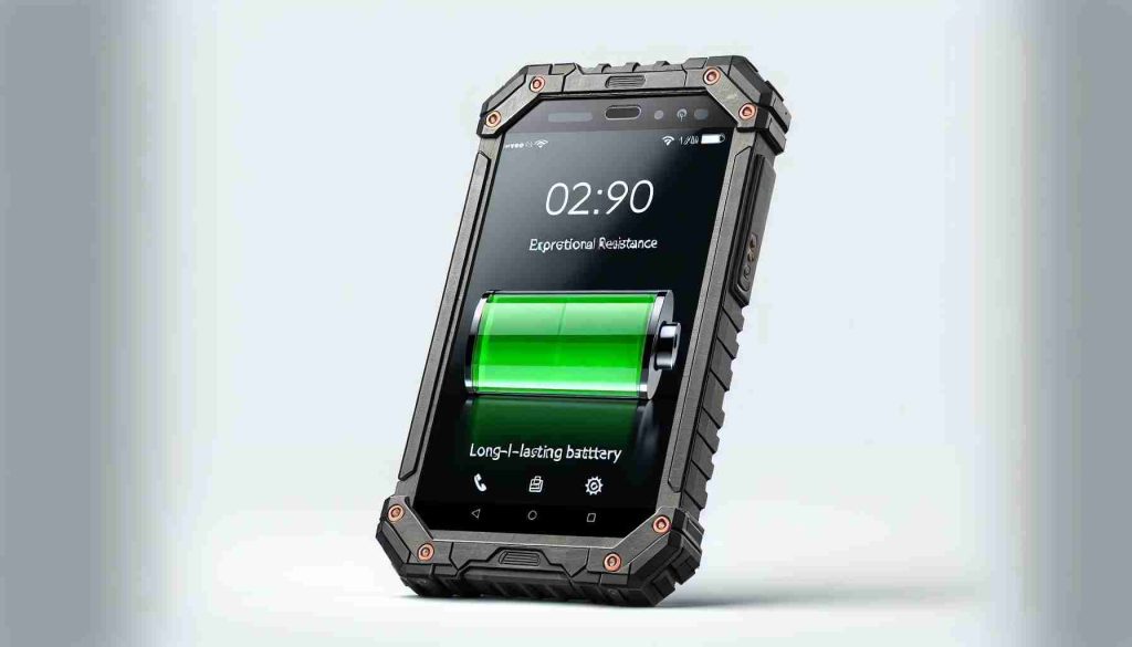 High-definition, realistic image of a rugged smartphone with exceptional resistance and long-lasting battery durability. The phone should have features commonly associated with rugged smartphones, such as a durable casing, reinforced corners, and possible protective screen. It should also display an indication of its impressive battery life, perhaps through an on-screen battery icon displaying full charge.