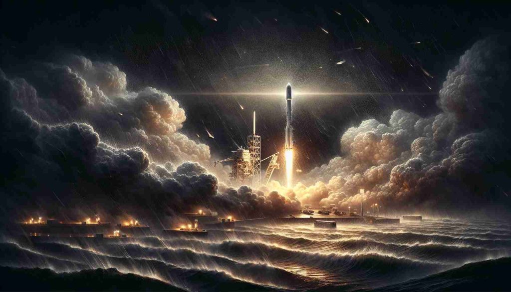 Detailed, high-definition illustration of a nighttime scene depicting a large rocket launch organized by a prominent private space exploration company. The scene is fraught with adverse weather conditions, including thick clouds, rain, and wind, creating a dramatic backdrop to the launch. The rocket, holding a model name like 'Falcon 9', is seen bursting through the chaos, its engines bright with fire and power, illuminating the surrounding landscape.