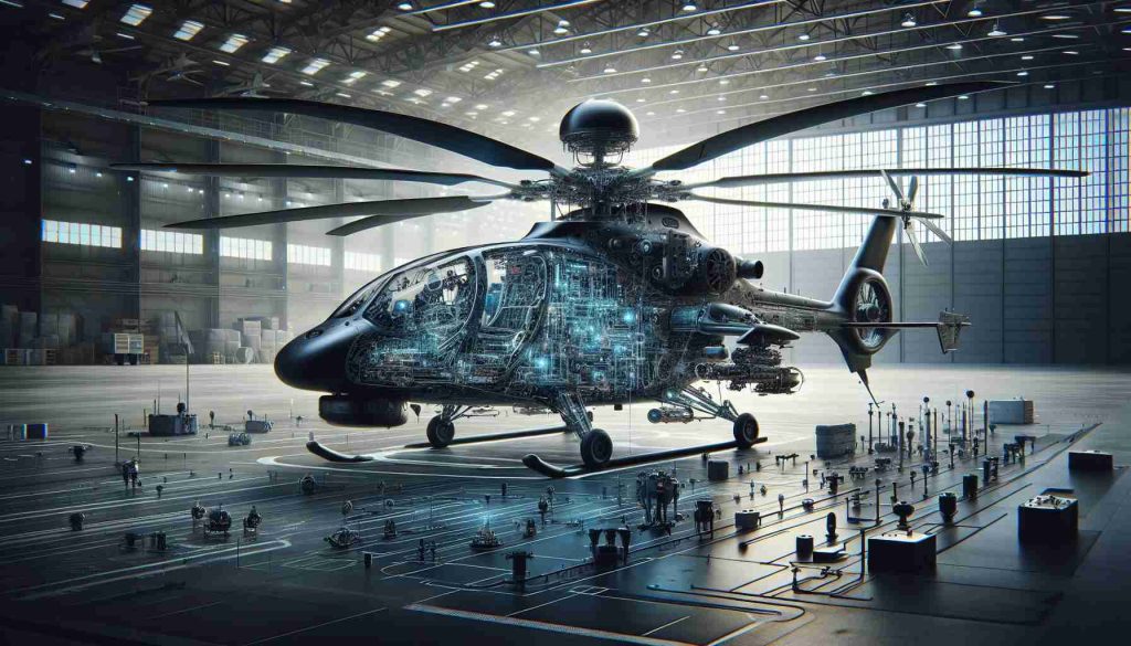 Generate a realistic, high-definition image showcasing the exploration of innovations in experimental helicopters. The image should depict intricacies and features of these advanced helicopters, perhaps revealing unique rotor designs, futuristic controls in the cockpit, or innovative features in the body structure. Let there be a backdrop of a hangar or an airfield providing context to the scene of technological discovery and progress.
