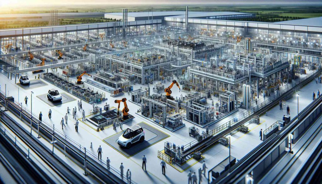 A detailed, high-definition image of a cutting-edge factory titled 'Energizing the Future'. This facility, set in a sprawling industrial landscape, is dedicated to the production of electric vehicle (EV) batteries. Within the scene, we see multiple layers of operations - robotic arms in action, conveyor belts transporting components, and state-of-the-art machinery aiding in the manufacturing process. Workers of various genders and descents are scattered across the facility, monitoring screens and overseeing operations. The atmosphere radiates with a sense of steady progress and innovative spirit, symbolic of the factory's mission to revolutionise EV battery production.