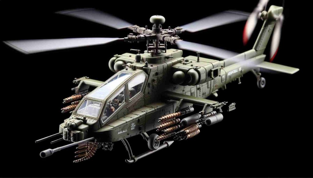 A high definition, highly realistic miniature remote controlled war helicopter. The helicopter is in action, mimicking a thrilling aerial combat situation. Detailing includes small implements on the helicopter to represent artillery and ammunition. The overall image should capture the excitement and tension of a wartime scenario as experienced through this miniaturized version.